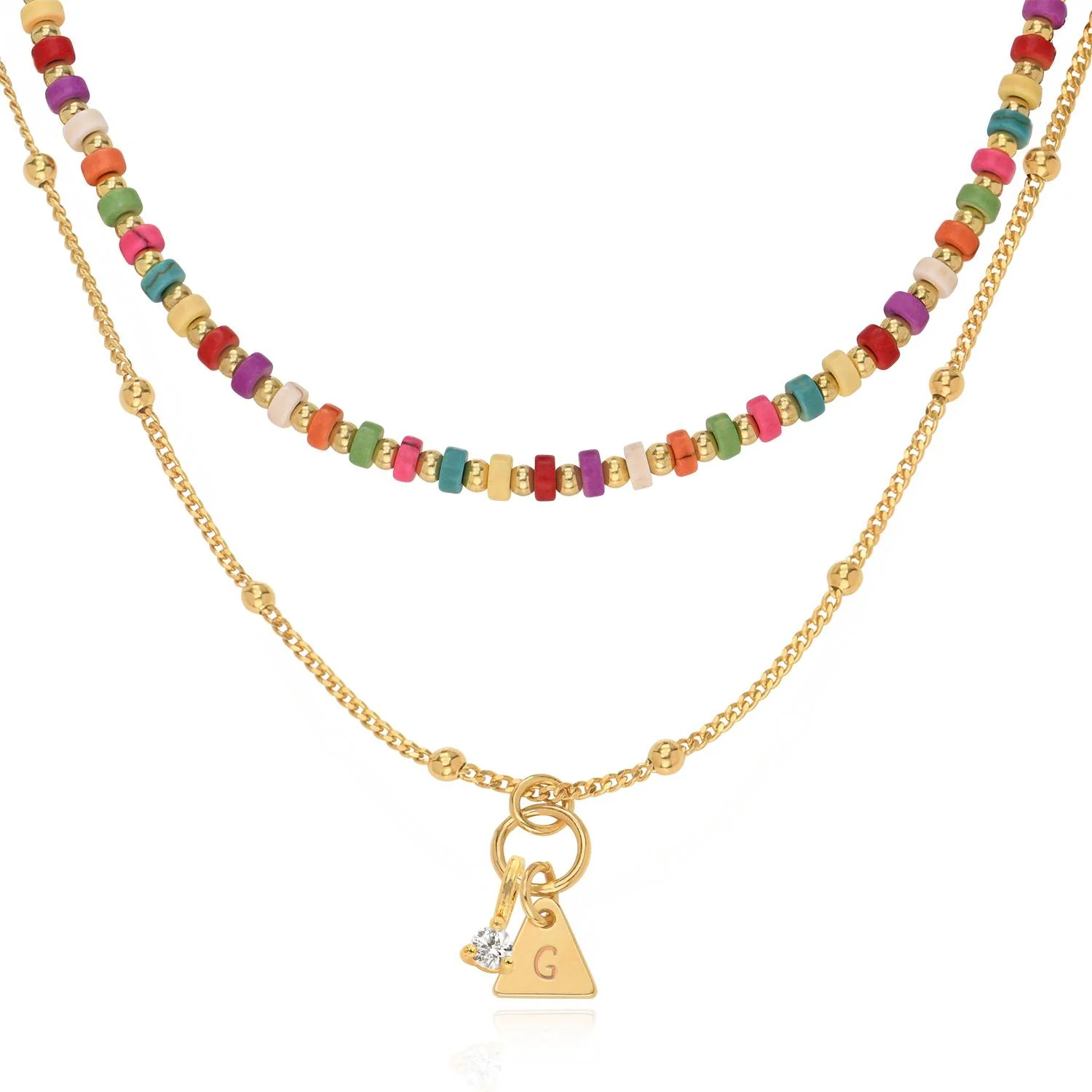 Tropical Layered Beads Necklace with Initials and 0.10CT Diamond in Gold Plating