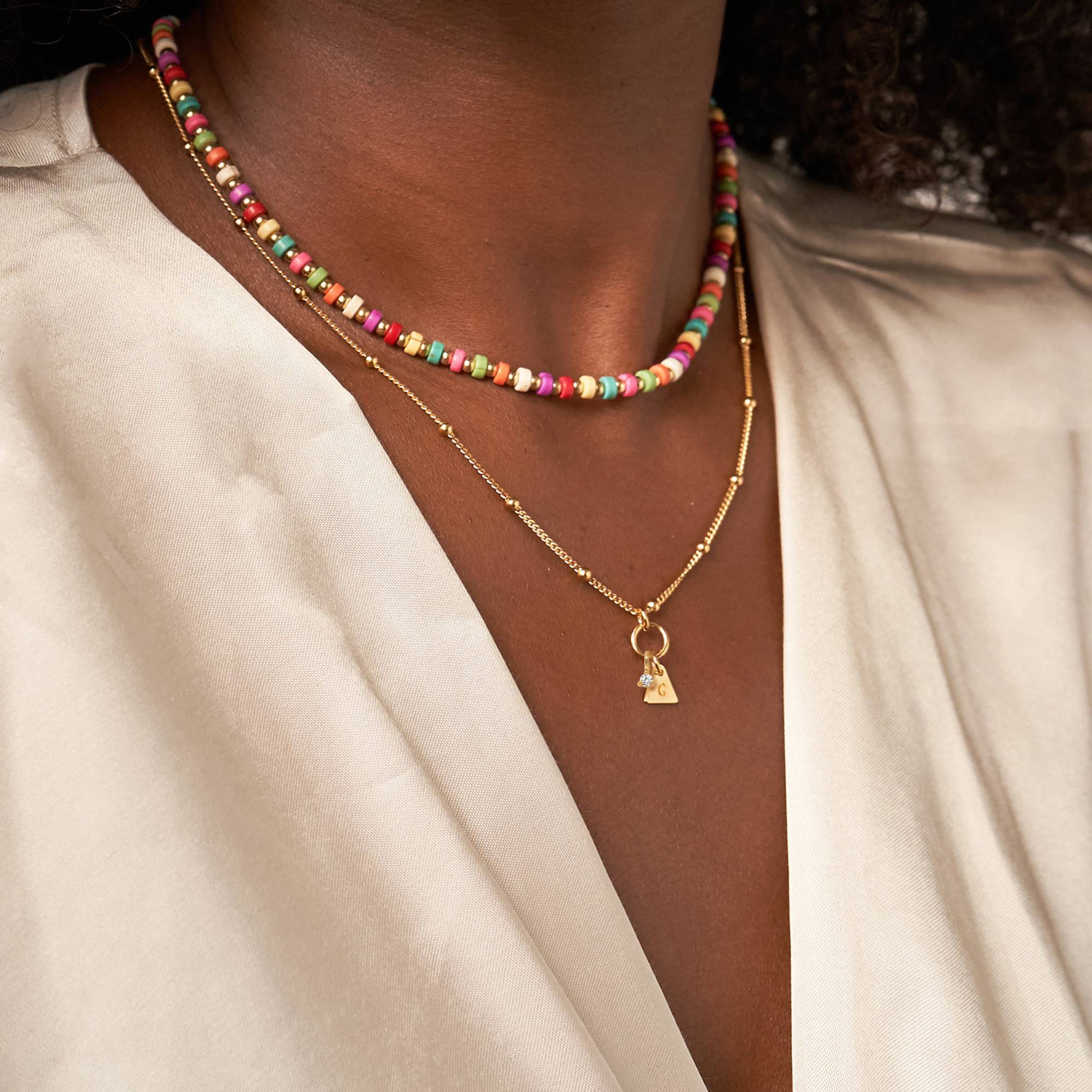 Tropical Layered Beads Necklace with Initials and 0.10CT Diamond in Gold Plating - Image 3