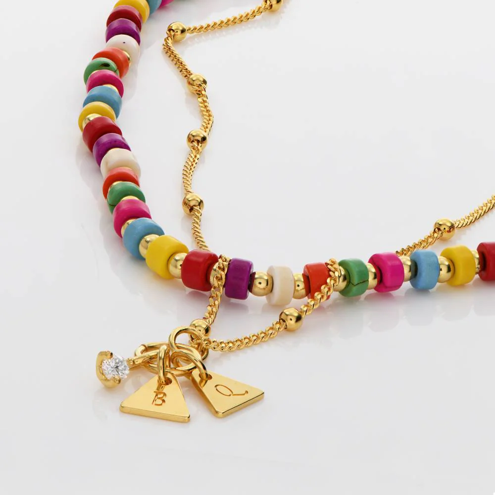 Tropical Layered Beads Necklace with Initials and 0.10CT Diamond in Gold Plating - Image 4