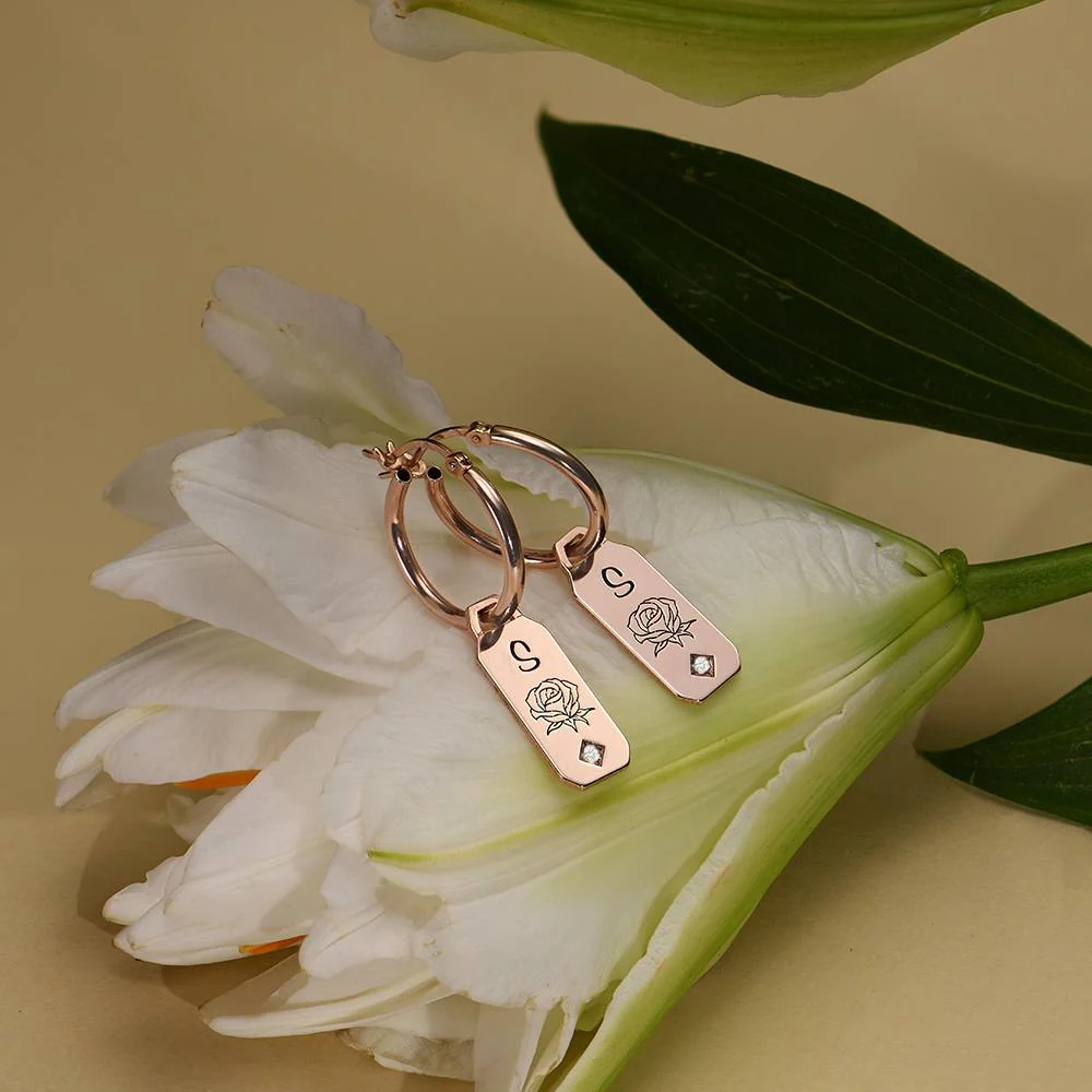 Blooming Birth Flower Hoop Earrings with Diamond in 18K Rose Gold Plating