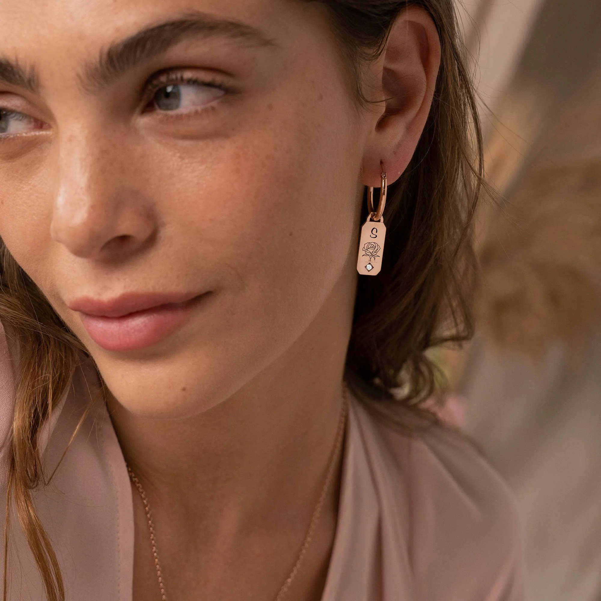 Blooming Birth Flower Hoop Earrings with Diamond in 18K Rose Gold Plating - Image 2