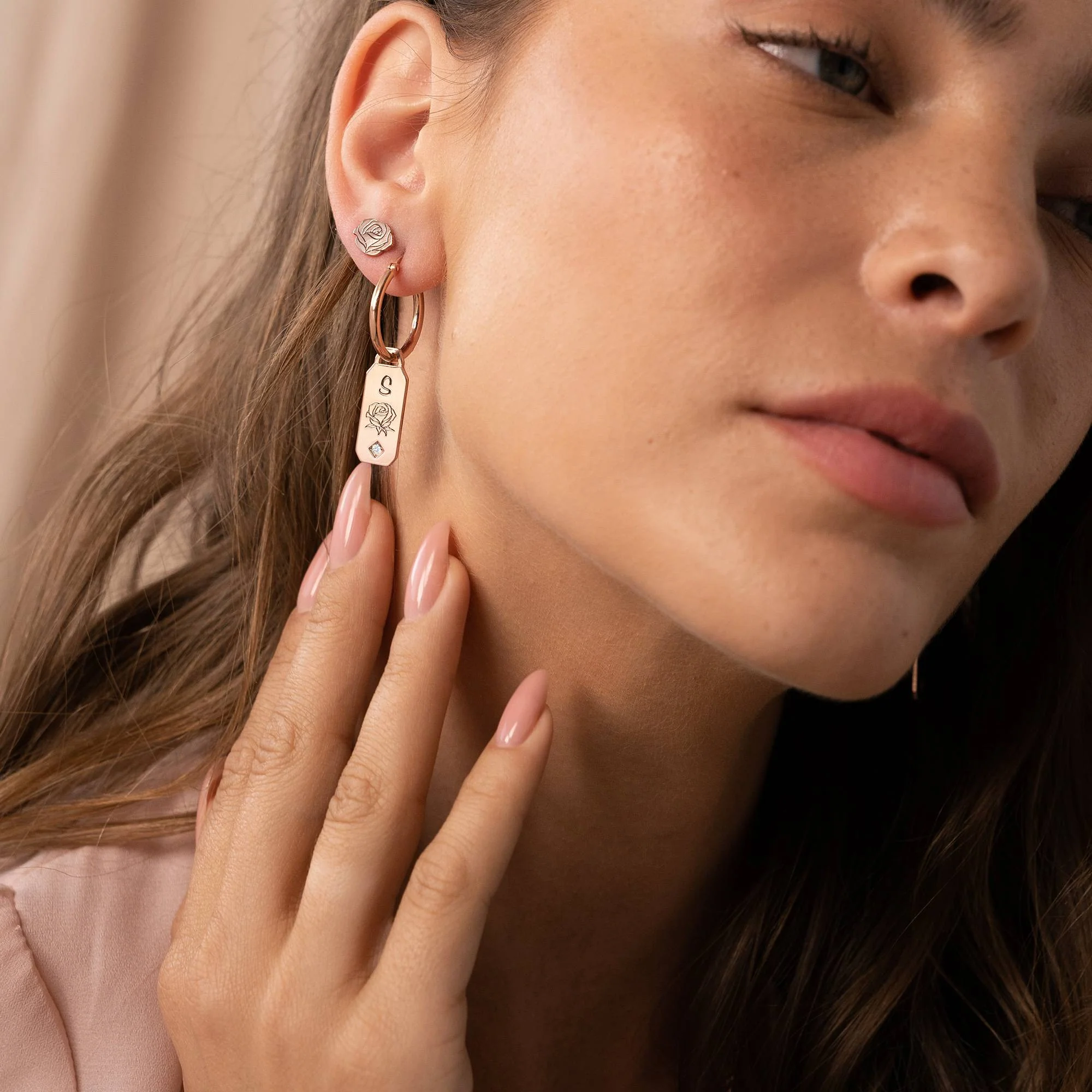 Blooming Birth Flower Hoop Earrings with Diamond in 18K Rose Gold Plating - Image 3