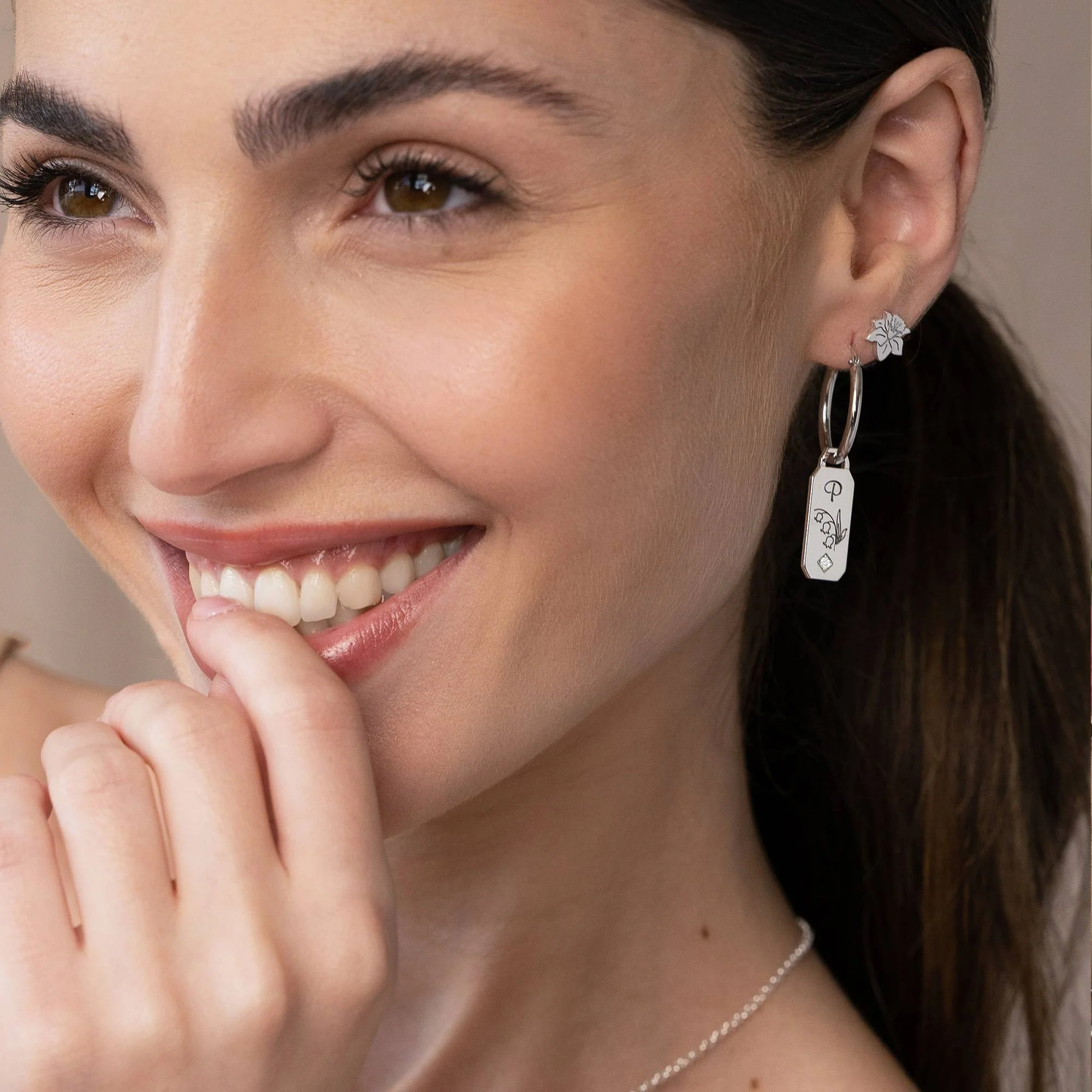 Blooming Birth Flower Hoop Earrings with Diamond in Sterling Silver - Image 3