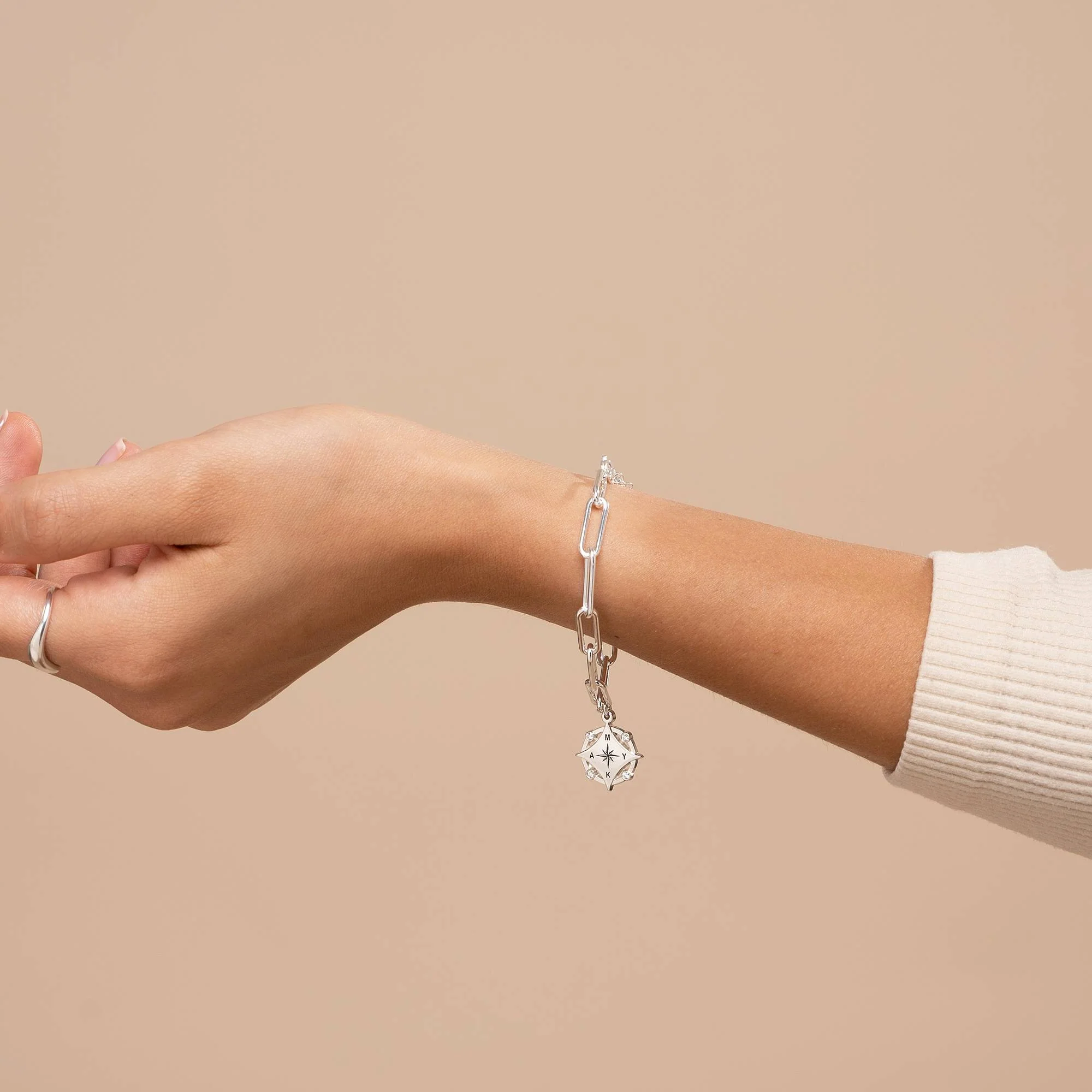 Kaia Initial Compass Bracelet with Diamond in Sterling Silver - Image 3