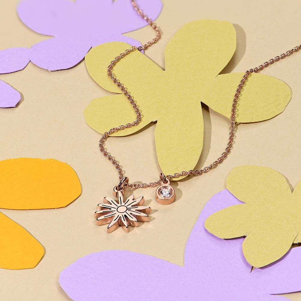Blooming Initial Birth Flower and Stone Pendant Necklace in 18K Rose Gold Plating - Image 5