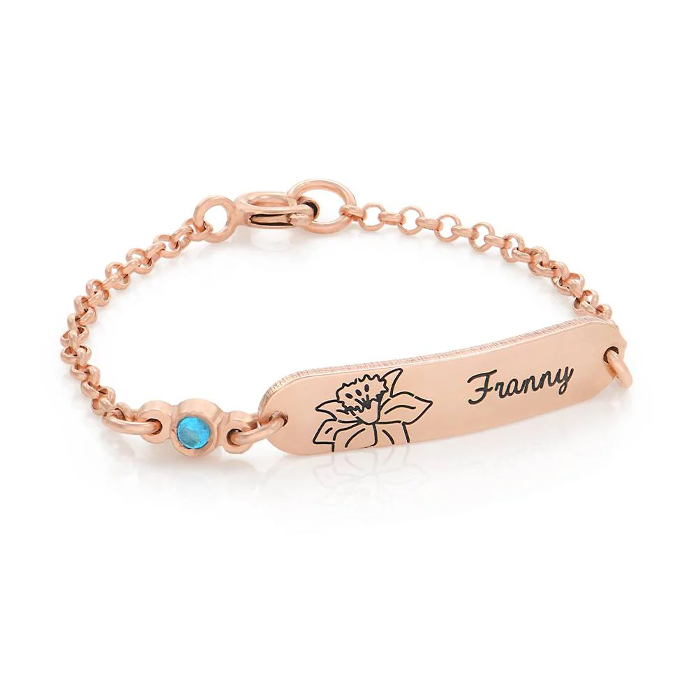 Lyla Baby Name Bracelet with Birth Flower and Stone in 18K Rose Gold Plating
