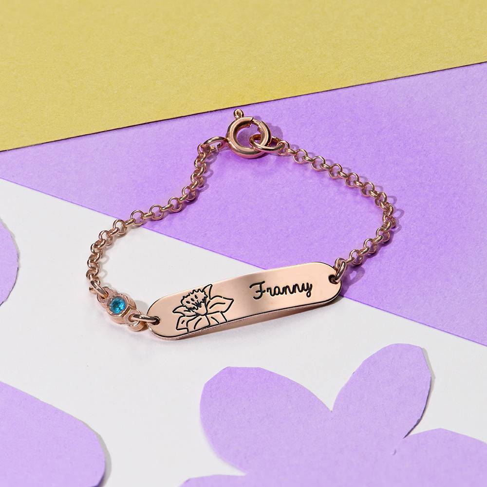 Lyla Baby Name Bracelet with Birth Flower and Stone in 18K Rose Gold Plating - Image 4