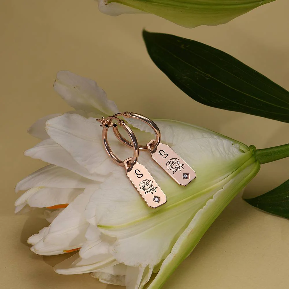 Blooming Birth Flower Hoop Earrings with Birthstone in 18K Rose Gold Plating - Image 4