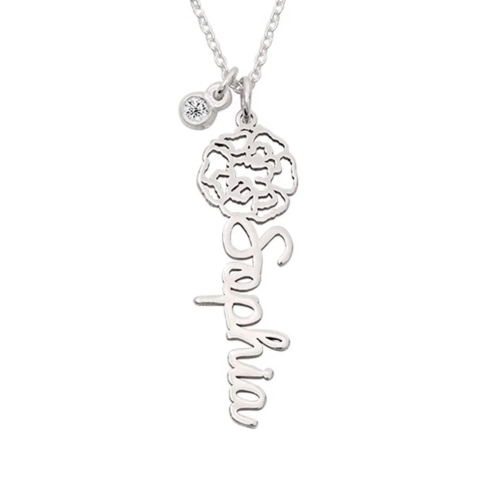Blooming Birth Flower Name Necklace with Diamond in Sterling Silver