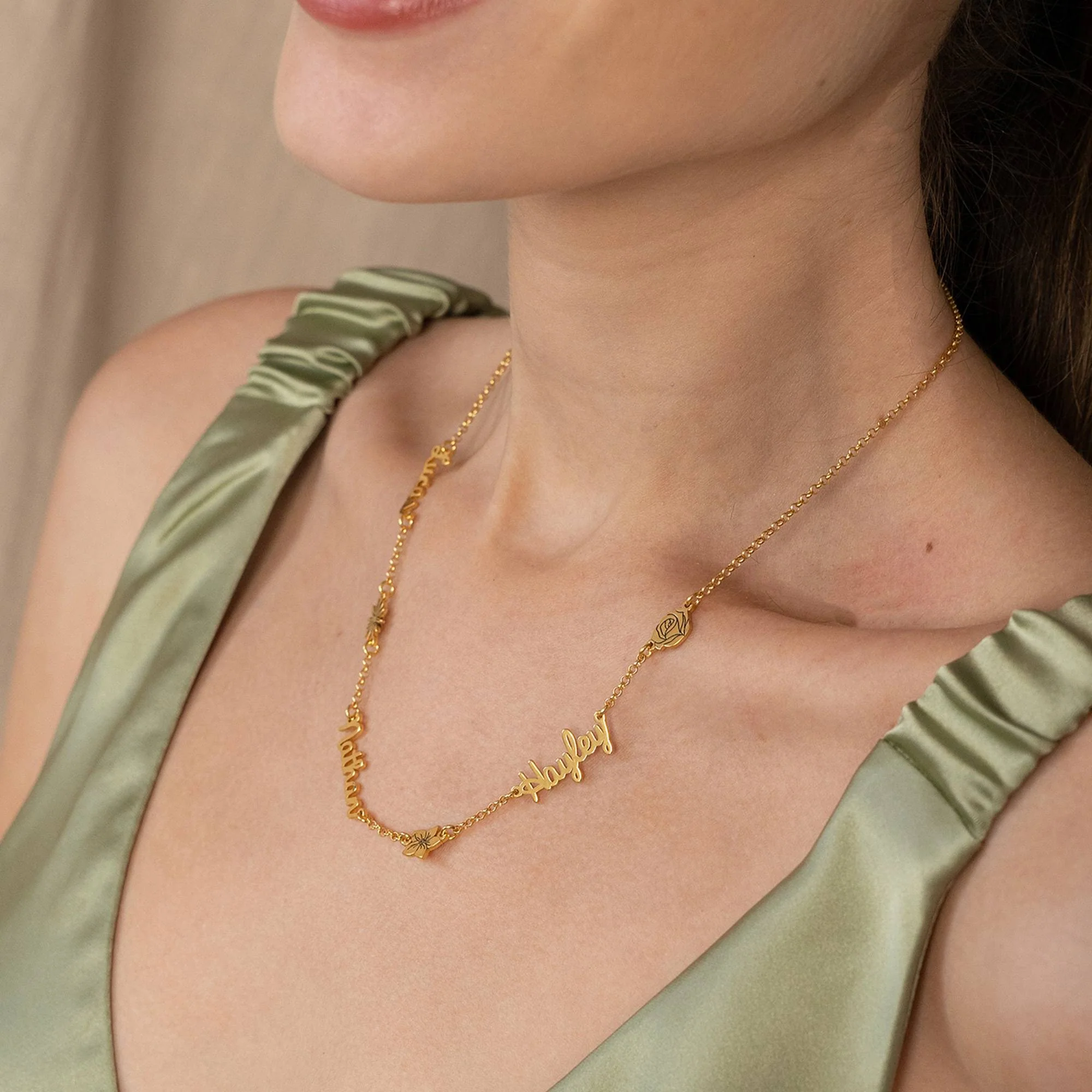 Blooming Birth Flower Multi Name Necklace in 18K Gold Plating - Image 2