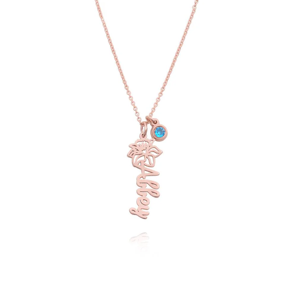 Blooming Birth Flower Name Necklace with Birthstone in 18K Rose Gold Plating