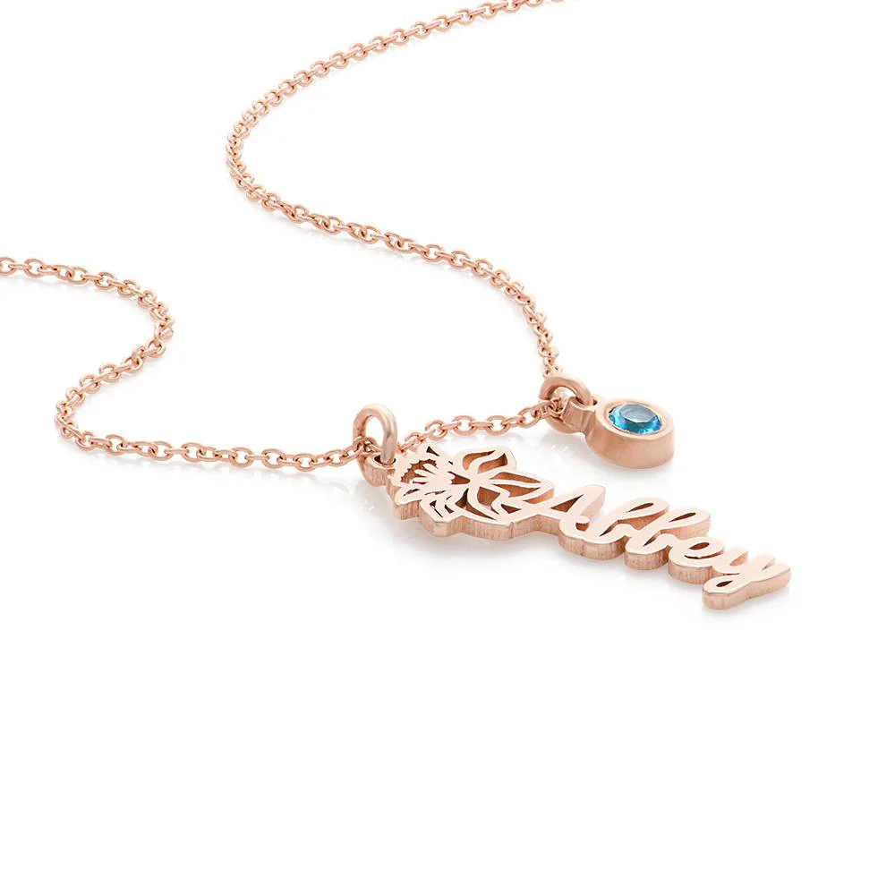 Blooming Birth Flower Name Necklace with Birthstone in 18K Rose Gold Plating - Image 3
