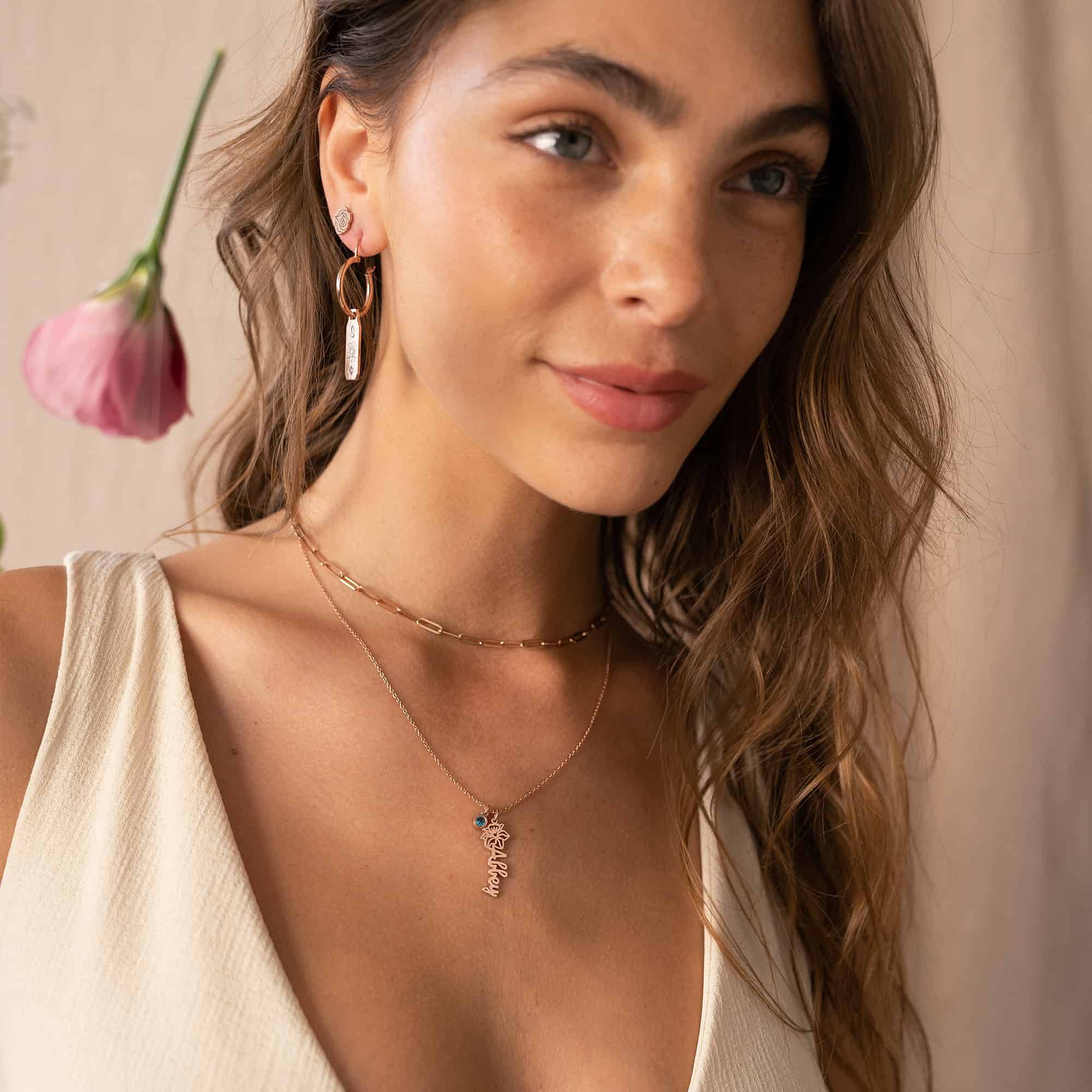 Blooming Birth Flower Name Necklace with Birthstone in 18K Rose Gold Plating - Image 4