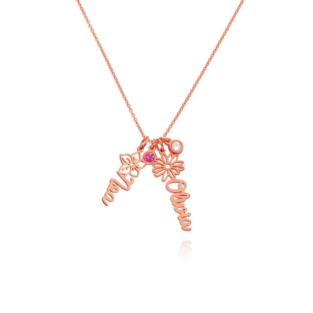 Blooming Birth Flower Name Necklace with Birthstone in 18K Rose Gold Plating - Image 5