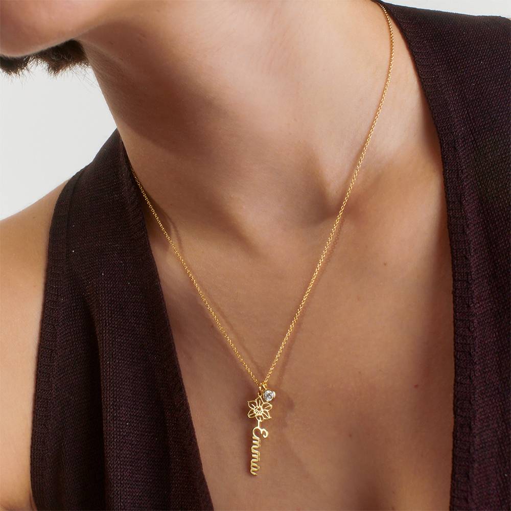 Blooming Birth Flower Name Necklace with Diamond in 18K Gold Vermeil - Image 3