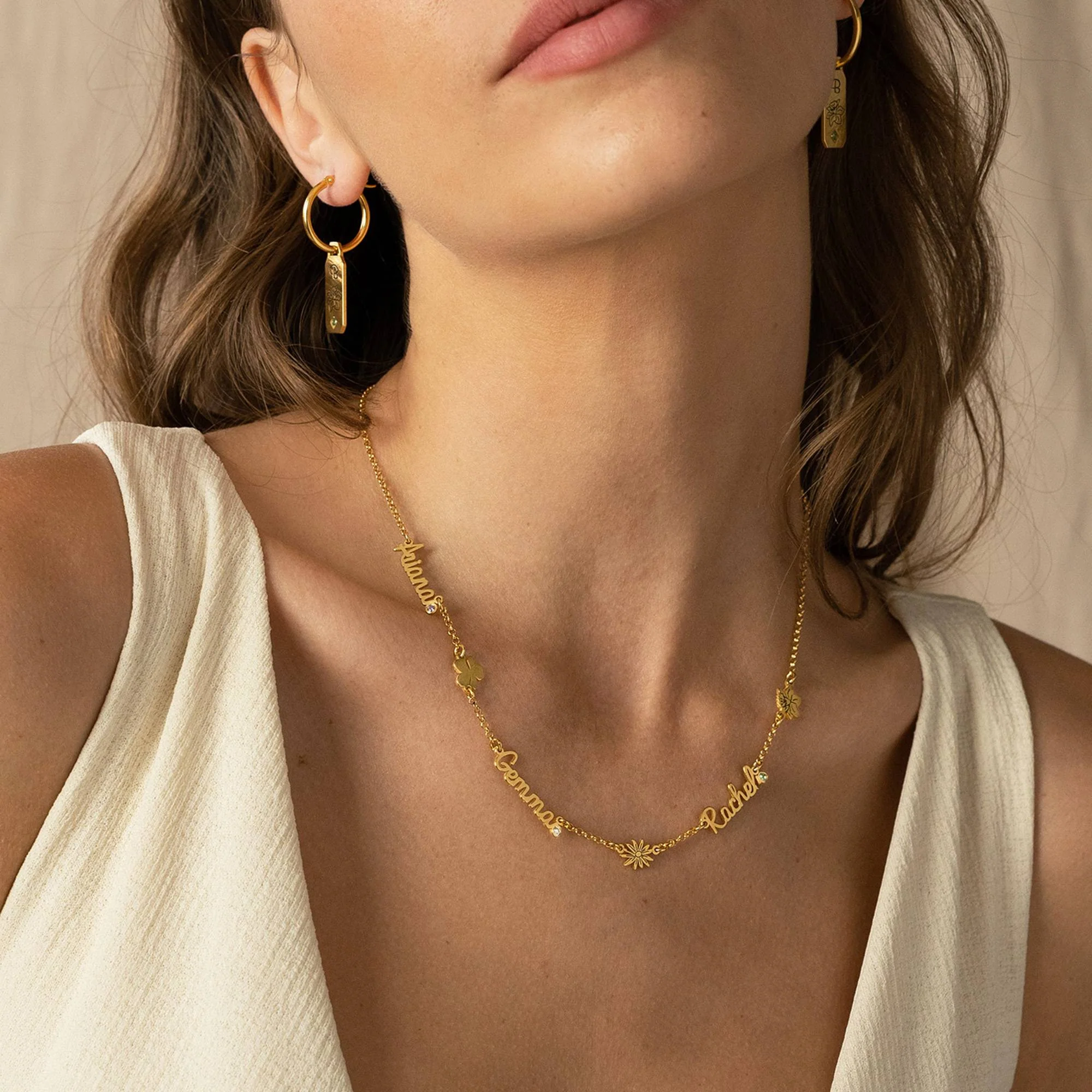 Blooming Birth Flower Multi Name Necklace with Birthstone in 18K Gold Plating - Image 2