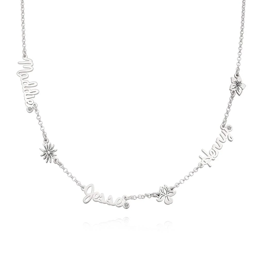 Blooming Birth Flower Multi Name Necklace with Diamond in Sterling Silver