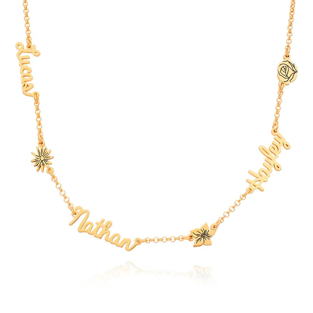Blooming Birth Flower Multi Name Necklace in 18K Gold Vermeil
