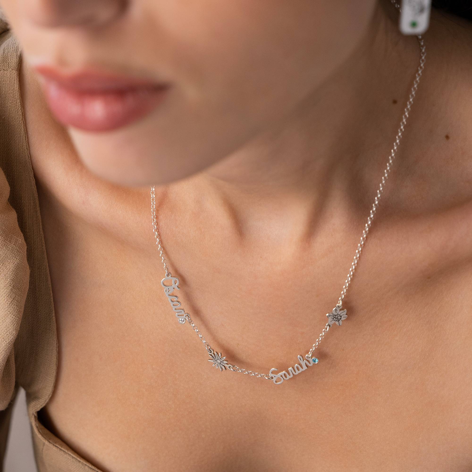 Blooming Birth Flower Multi Name Necklace with Birthstone in Sterling Silver - Image 3