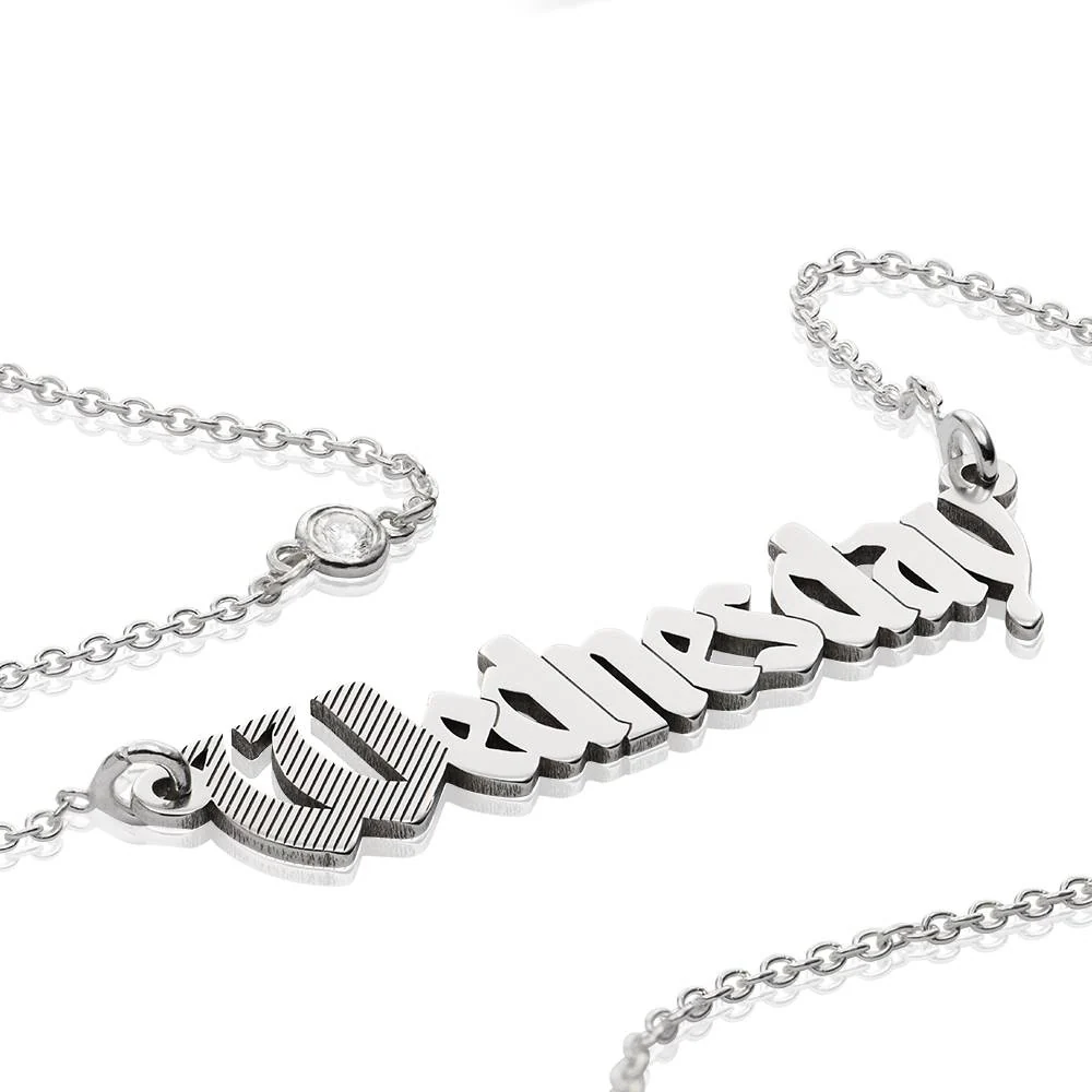 Wednesday Textured Gothic Name Necklace with Diamond in Sterling Silver - Image 2
