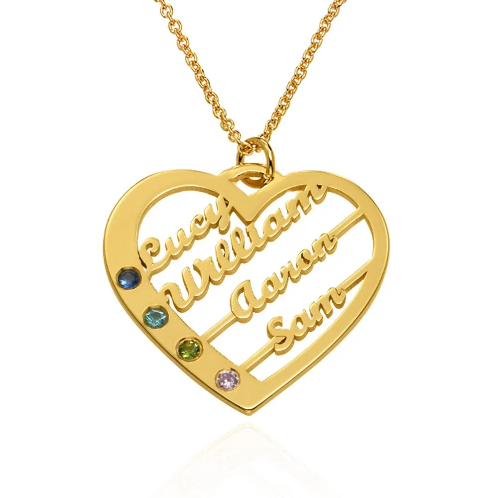 Birthstone Heart Necklace with Names in 18K Gold Plating - Mother's Day Gift - Gift for Mom - Image 4