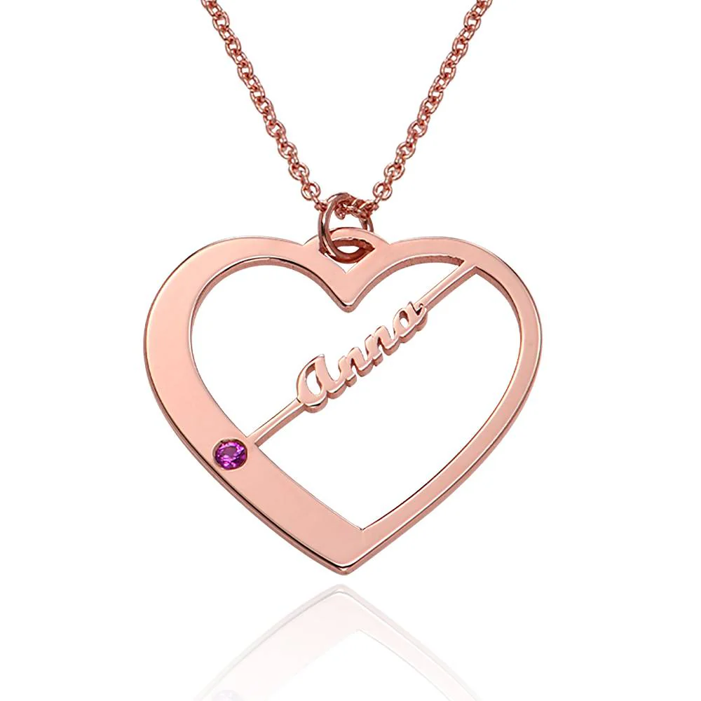Birthstone Heart Necklace with Names in 18K Rose Gold Plating - Mother's Day Gift - Gift for Mom - Image 4