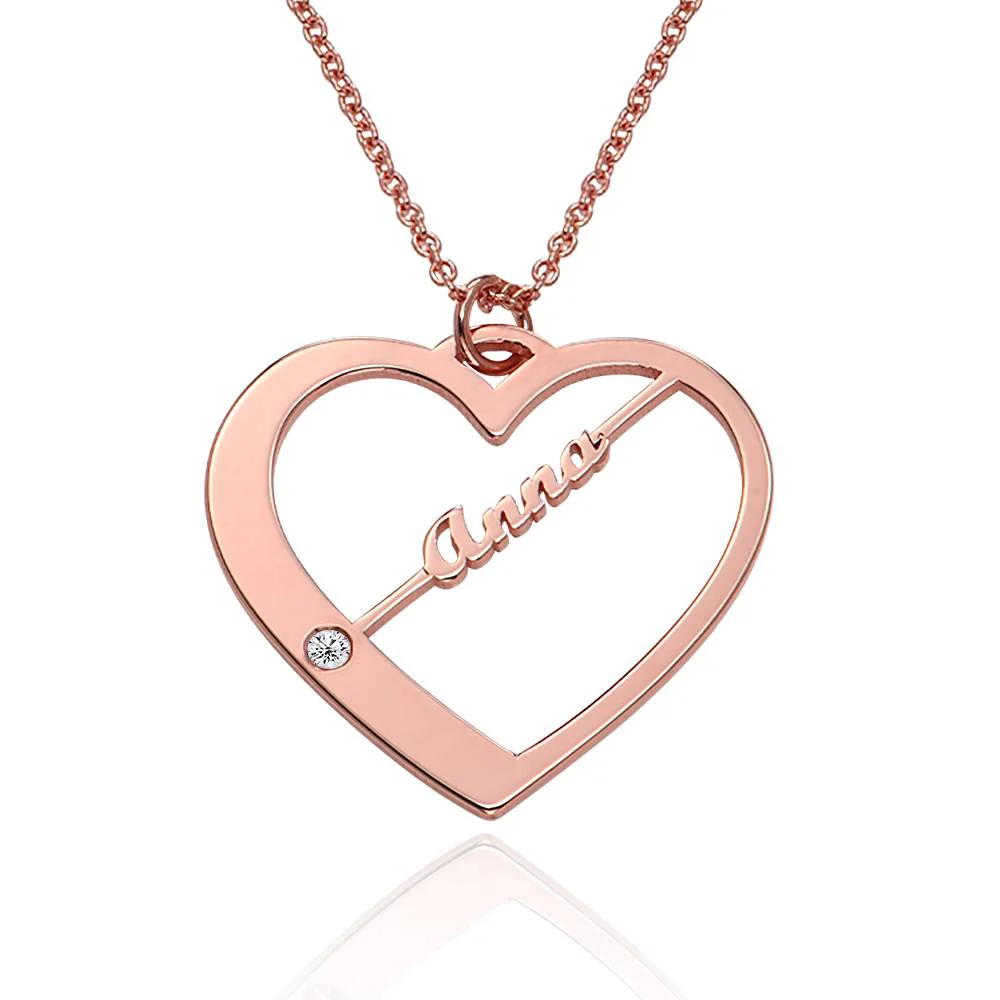 Ella Diamond Heart Necklace with Names in 18K Rose Gold Plating - Image 4