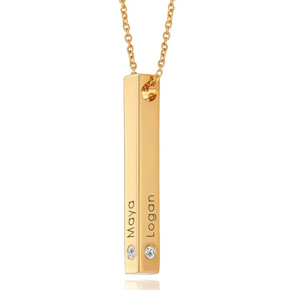 Vertical 3d Bar Necklace with Diamonds in 18k Gold Plating