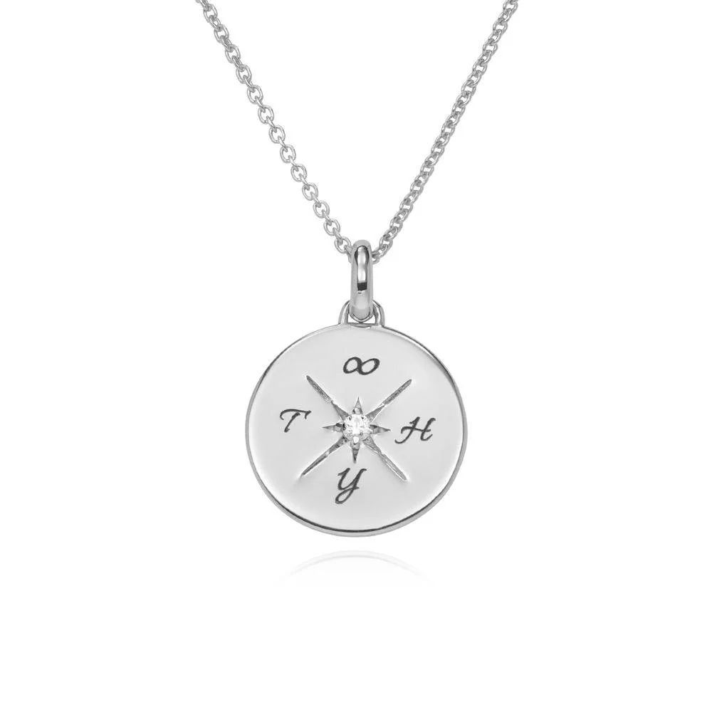 New England Compass Necklace with Cubic Zirconia in Sterling Silver
