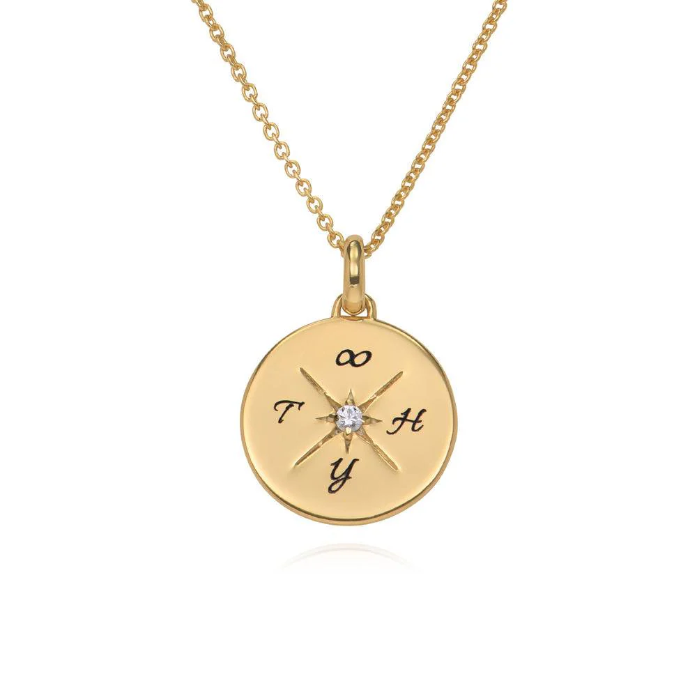 New England Compass Necklace with Cubic Zirconia in 18K Gold Vermeil