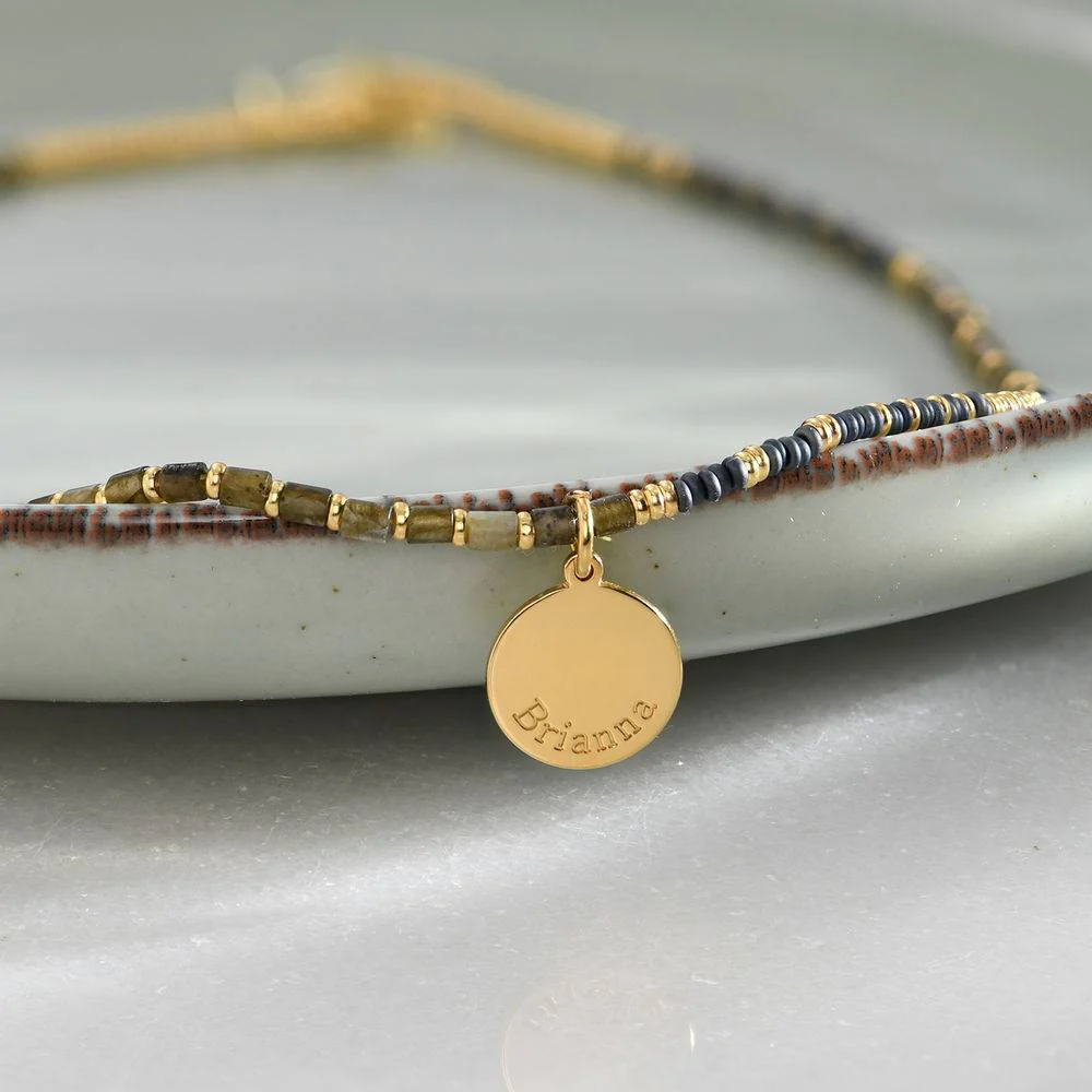 Cocoa Beads Necklace with Engraved Pendant in Gold Plating - Image 3