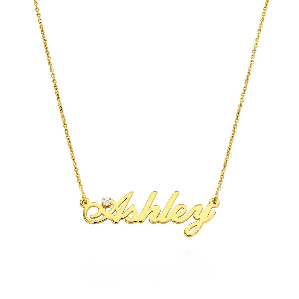 Hollywood Small Name Necklace in 18k Gold Plating with 5 Points Carats Diamond