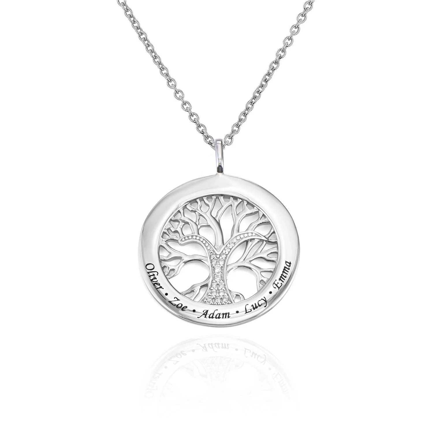 Family Tree Circle Necklace with Diamond in Sterling Silver