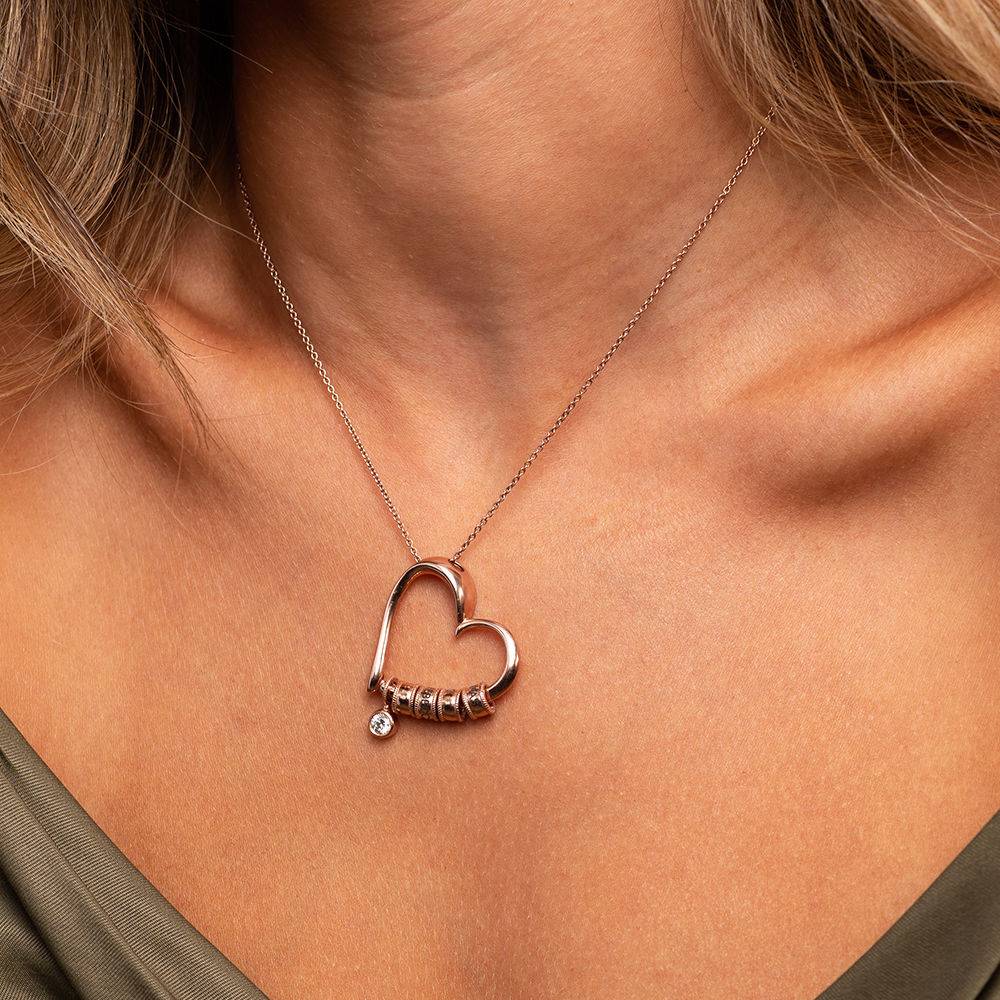 Charming Heart Necklace with Engraved Beads & Diamond in Rose Gold Plating - Image 3