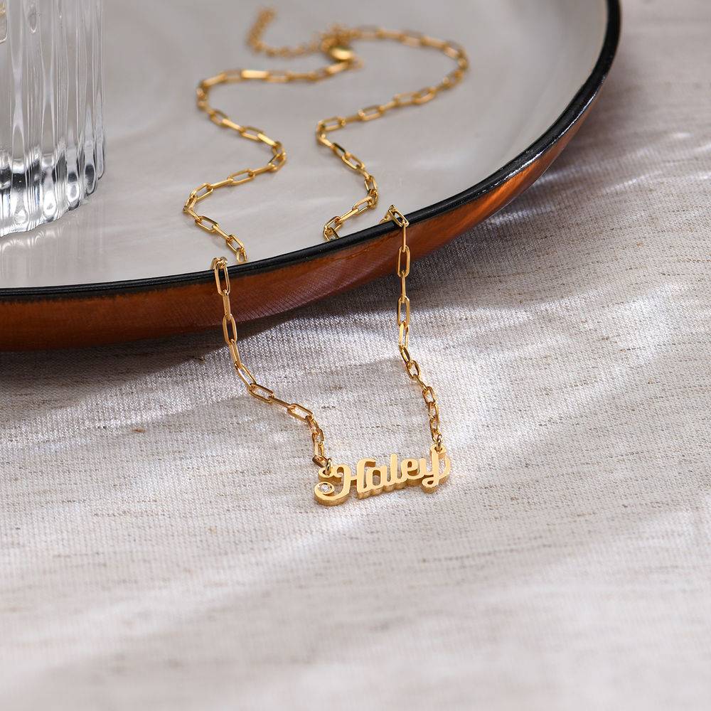 Chain Link Script Name Necklace with Diamond in 18k Gold Vermeil - Image 2