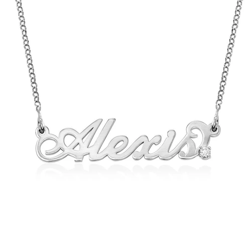 Small Sterling Silver Carrie Style Name Necklace with Diamond