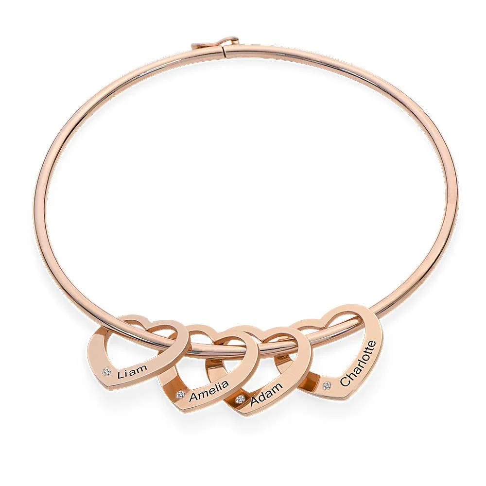 Chelsea Bangle with Heart Pendants in 18k Rose Gold Plating with Diamonds