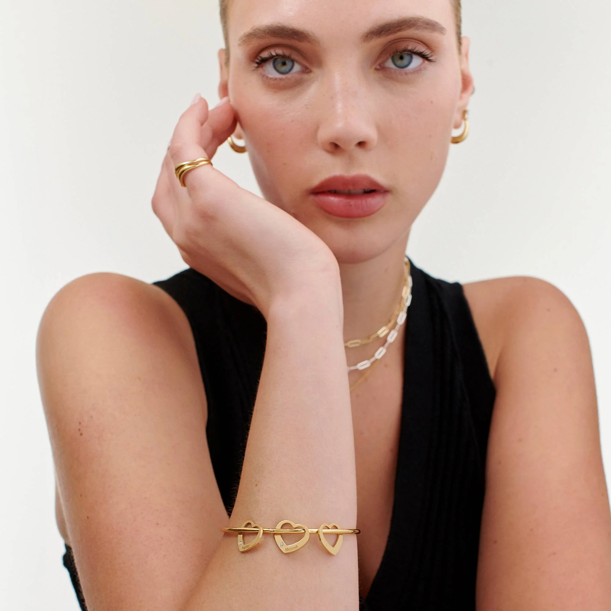 Chelsea Bangle with Heart Pendants in 18k Gold Plating with Diamonds - Image 2