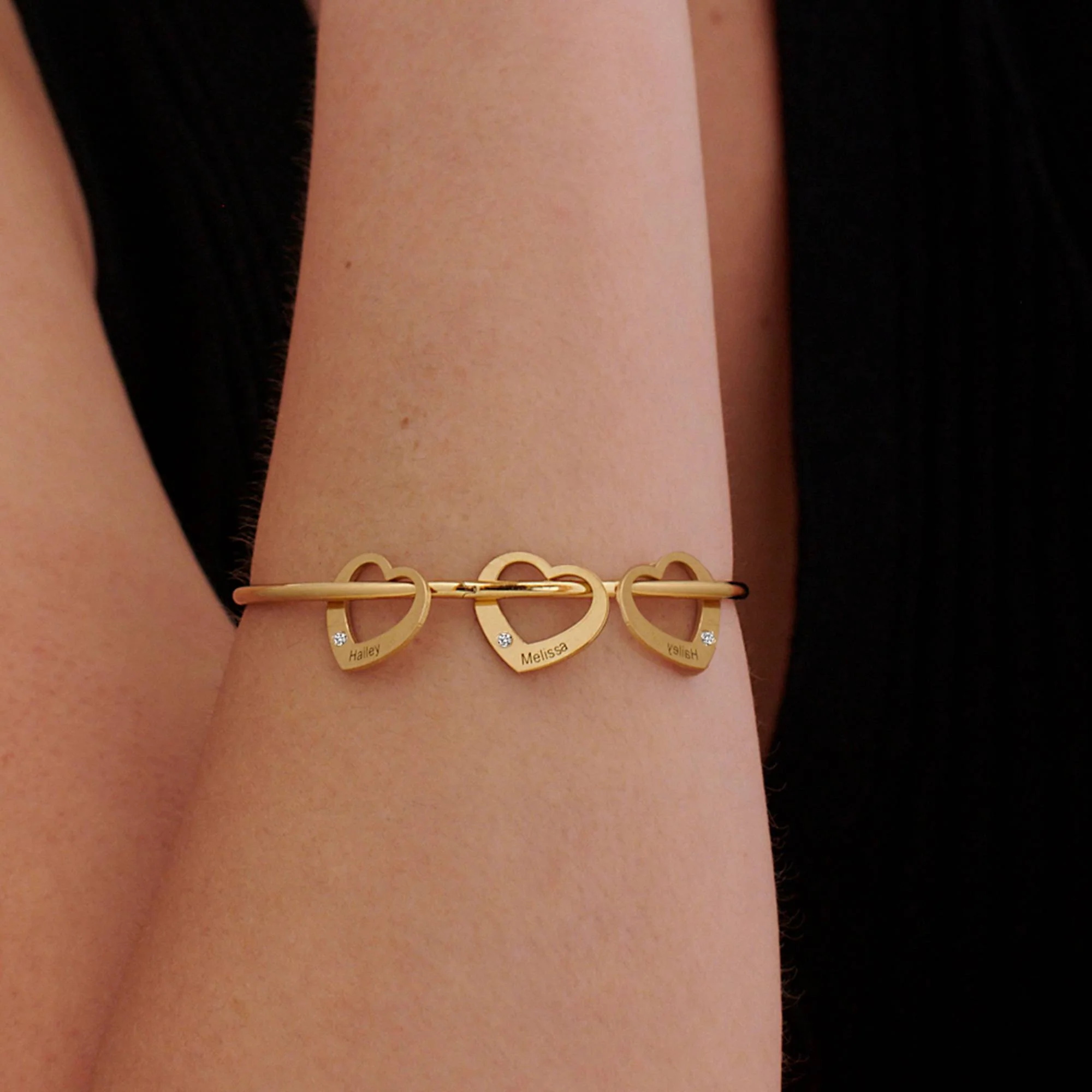 Chelsea Bangle with Heart Pendants in 18k Gold Plating with Diamonds - Image 4