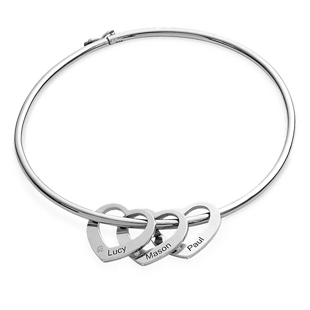 Bangle Bracelet with Heart Shape Pendants in Silver with Diamonds