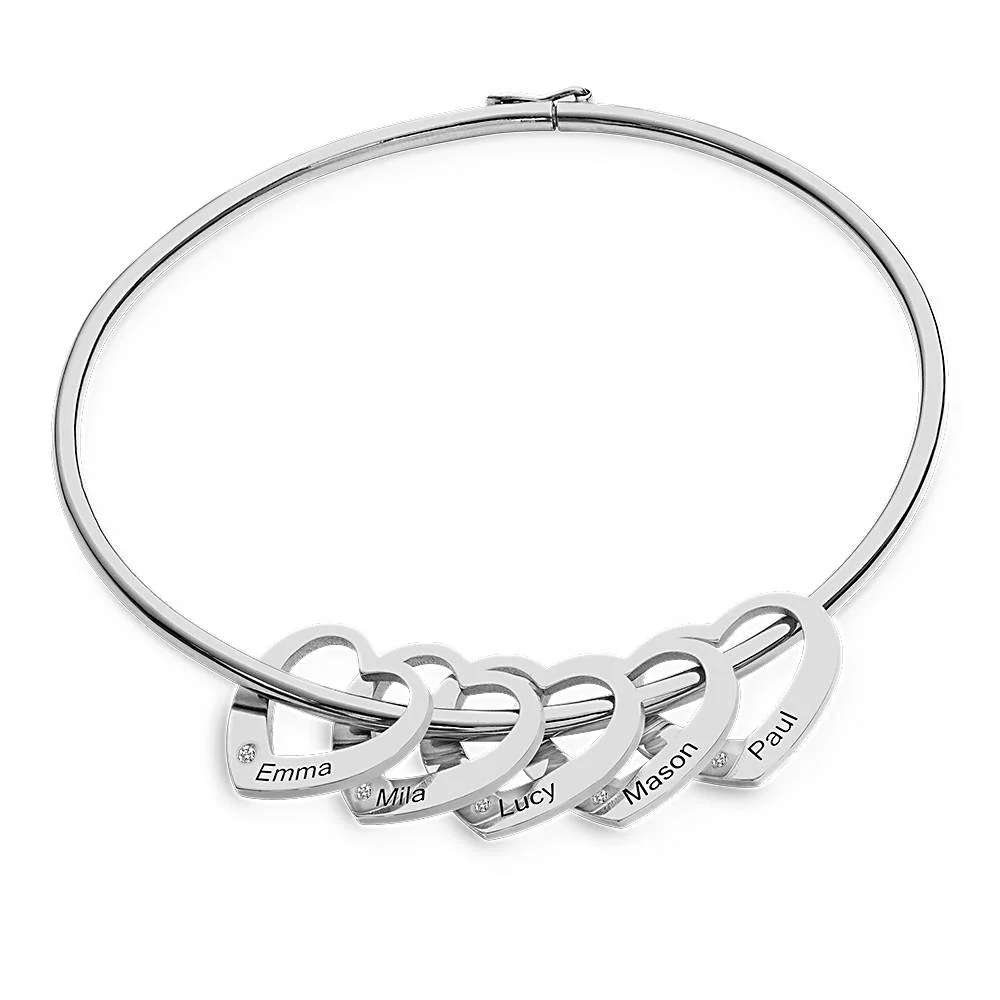 Bangle Bracelet with Heart Shape Pendants in Silver with Diamonds - Image 3