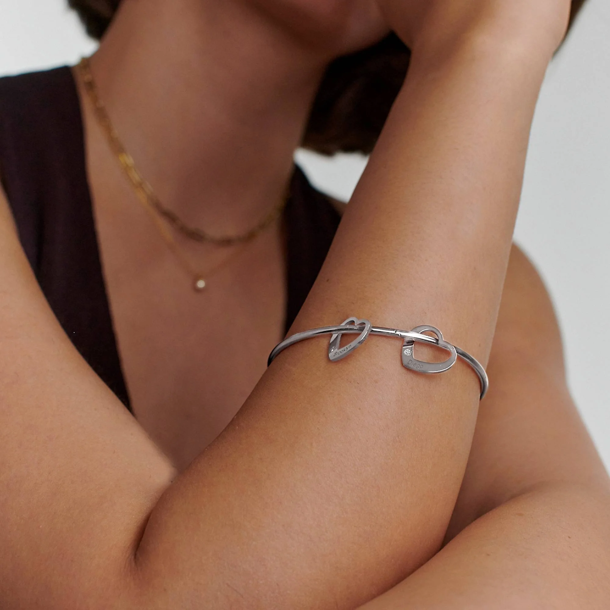 Bangle Bracelet with Heart Shape Pendants in Silver with Diamonds - Image 5