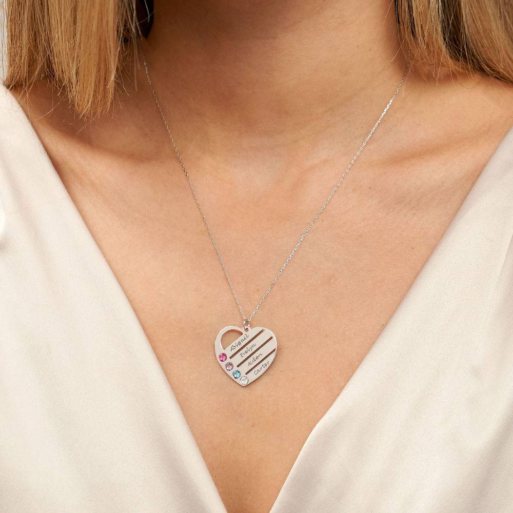 Birthstone Heart Necklace with Engraved Names in 10k White Gold - Image 3