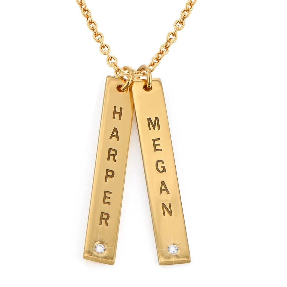 Gold Plated Vertical Bar Necklace with Diamond