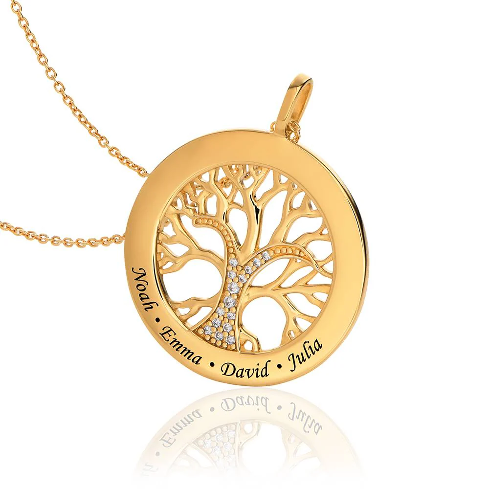 Family Tree Circle Necklace with Cubic Zirconia in Gold Plating - Grandma Necklace - Image 3