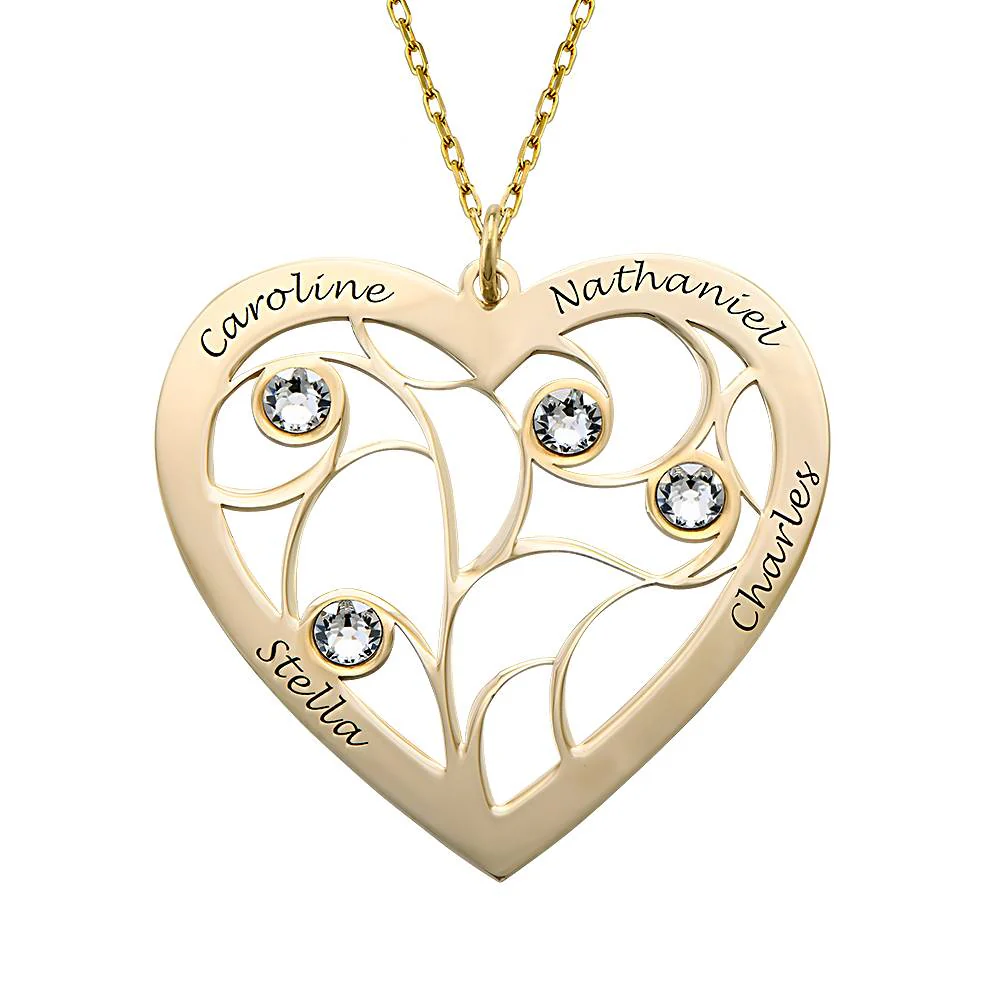Heart Family Tree Necklace with Birthstones in Gold 10k