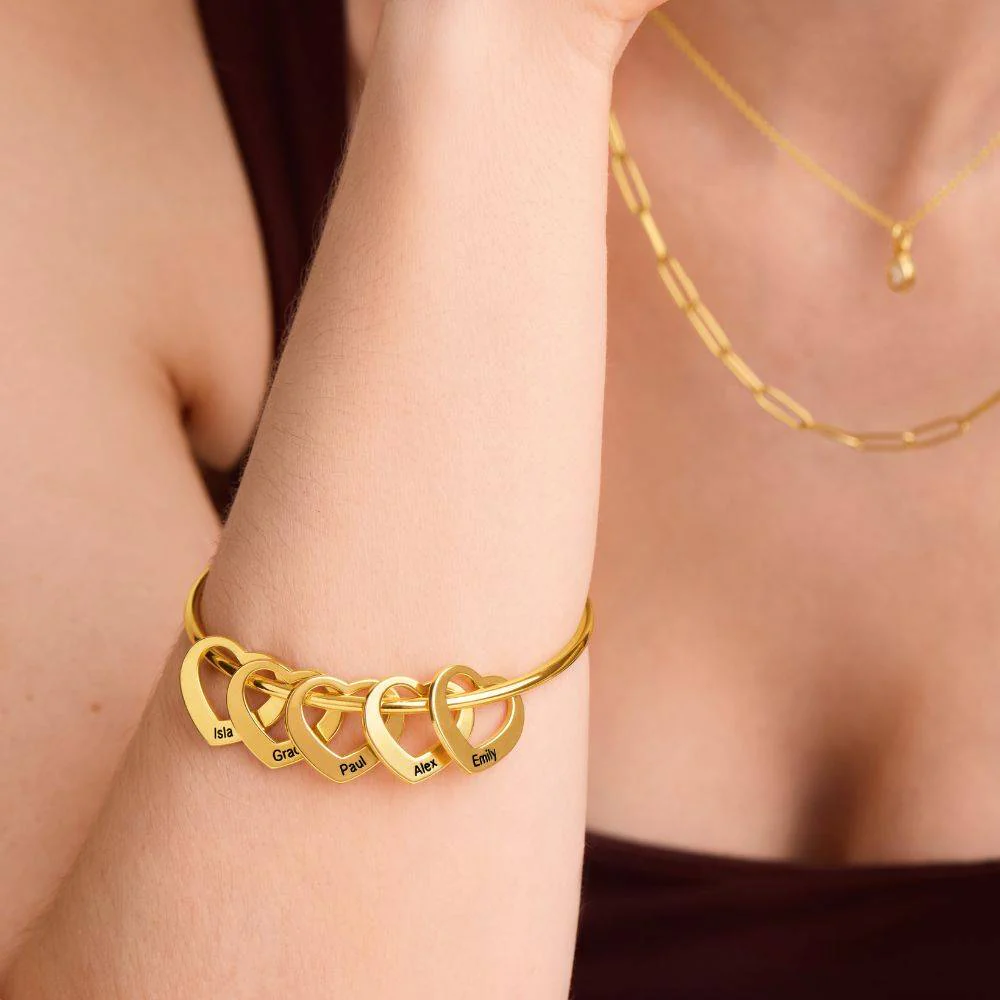 Bangle Bracelet With Heart Shape Pendants in Gold Plating - Wife Birthday Ideas - Gift for Grandmas - Image 3
