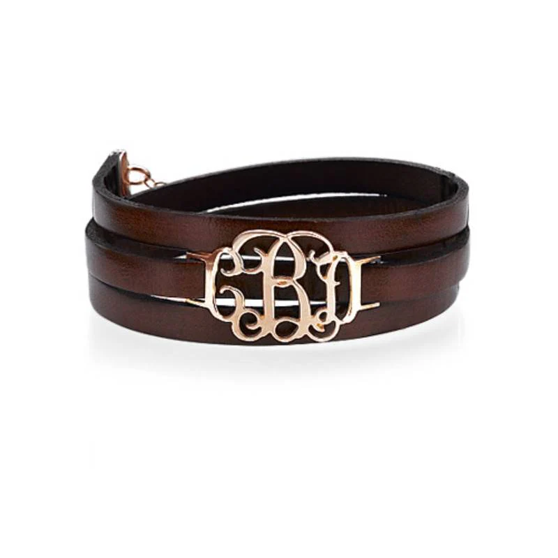 Wrap Around Monogram Leather Bracelet - Rose Gold Plated