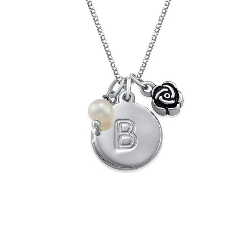 Initial Circle Necklace with pearl and rose charm in Silver