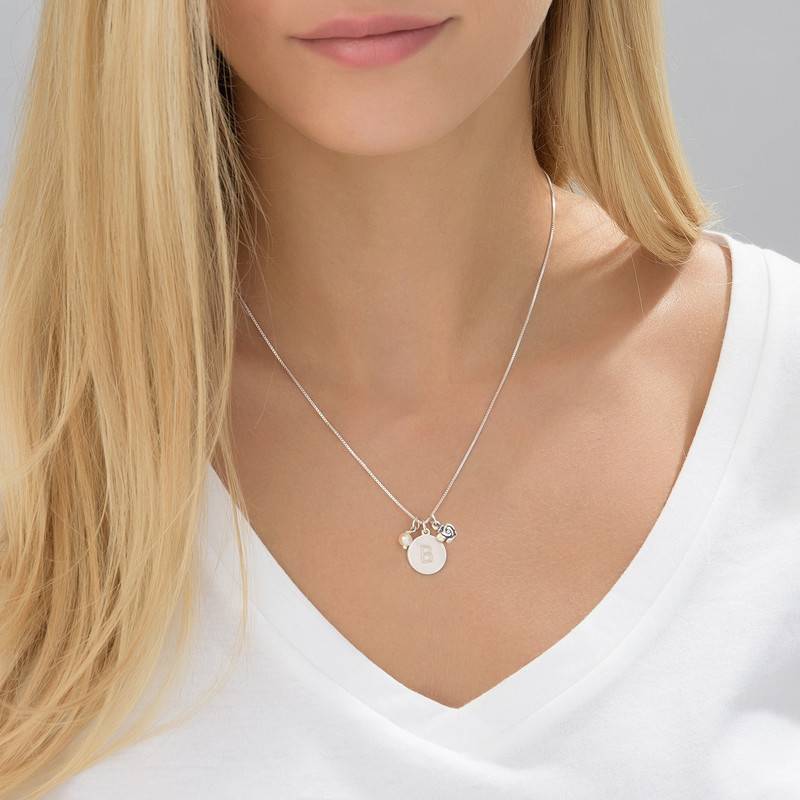 Initial Circle Necklace with pearl and rose charm in Silver - Image 4